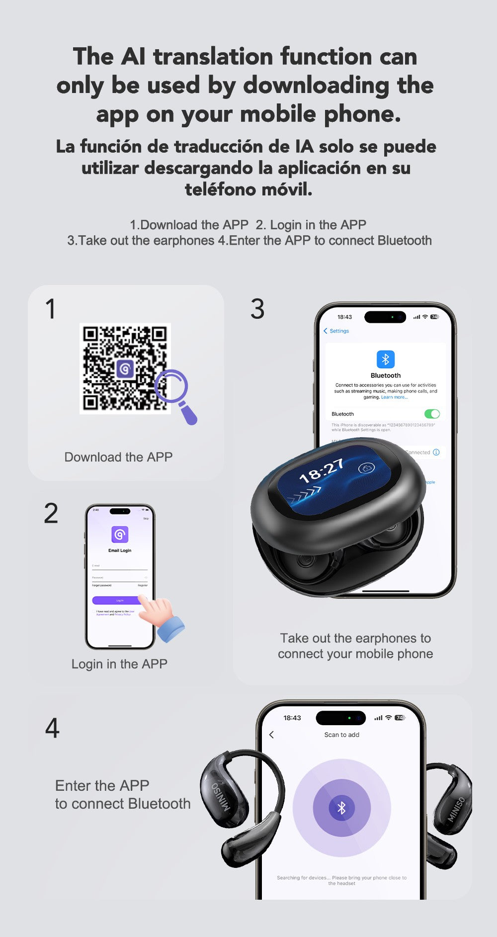 Miniso MS189 AI Translation Bluetooth Earphones Sports Wireless Headset LCD Color Touch Screen 8-Hour Battery Life Stereo Bass