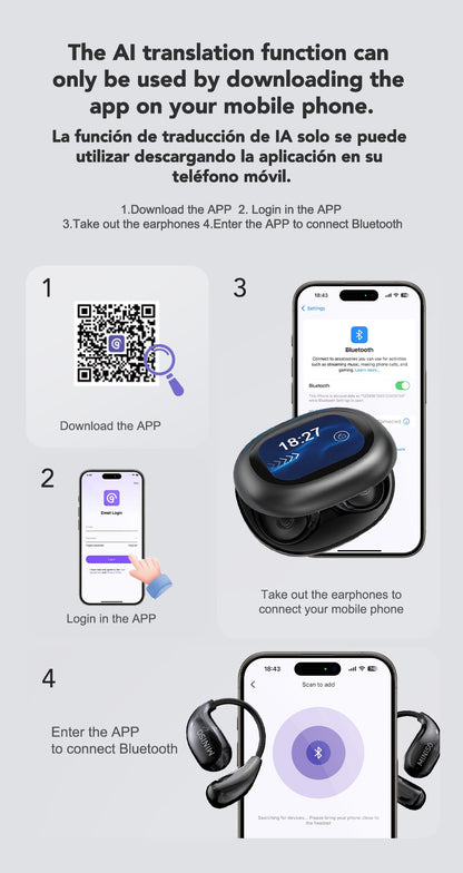 Miniso MS189 AI Translation Bluetooth Earphones Sports Wireless Headset LCD Color Touch Screen 8-Hour Battery Life Stereo Bass