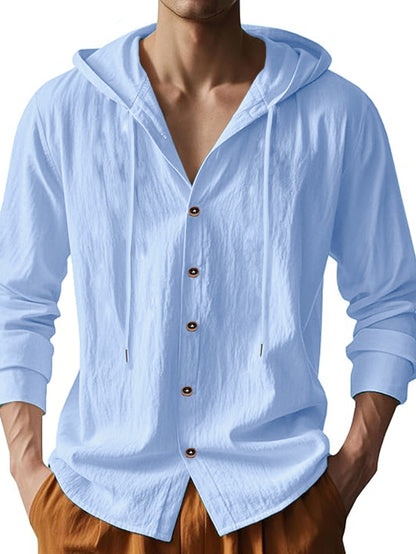 Men's Cotton Linen Long Sleeve Shirt Breathable Summer Spring Casual Button Up Lightweight Hawaiian Beach Top Hoodie T-Shirt New