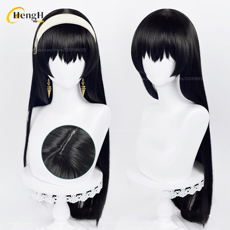 In Stock Synthetic Anime Yor Forger Cosplay Wig Long 80cm Black Straight Hair Yor Briar Heat Resistant Hair Halloween Party Wigs