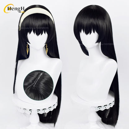 In Stock Synthetic Anime Yor Forger Cosplay Wig Long 80cm Black Straight Hair Yor Briar Heat Resistant Hair Halloween Party Wigs