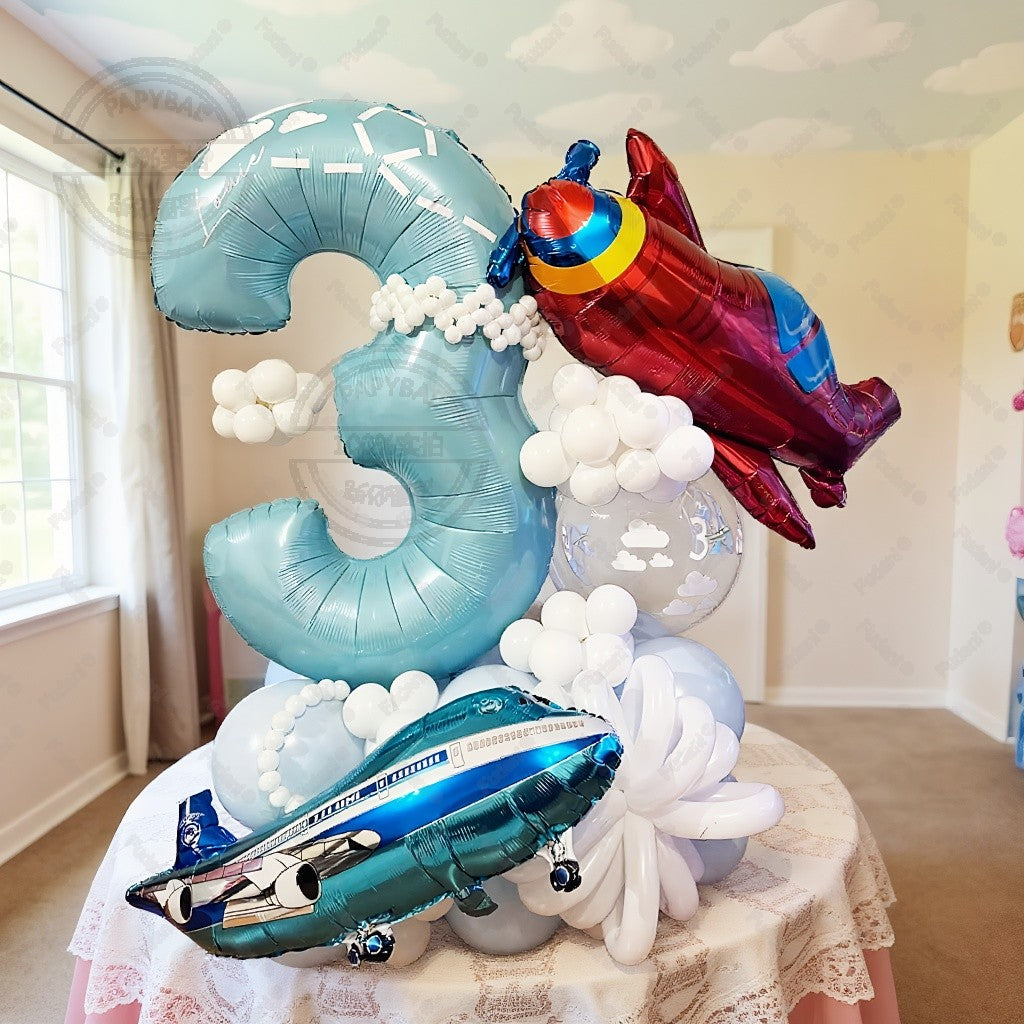 56Pcs Airplane Themed Blue Digital Balloon Set 1-9 Birthday Party Decoration baby Shower Globos Gift Shooting Props
