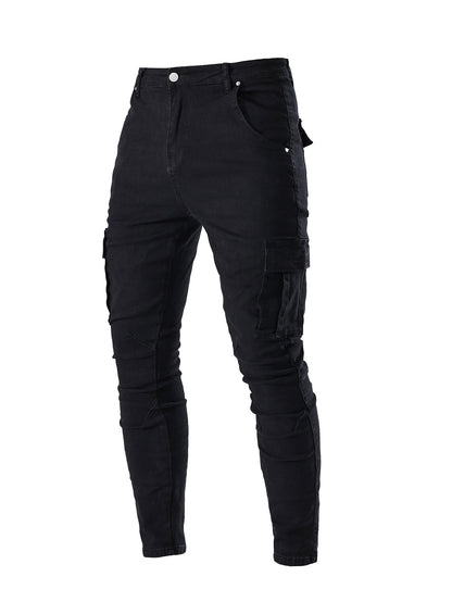 Calça Jeans Masculina Cargo Elástica Slim Fit Masculina Calça Jeans Cor Sólida Multi Bolsos Casual Skinny Calças Masculinas Roupa Masculina