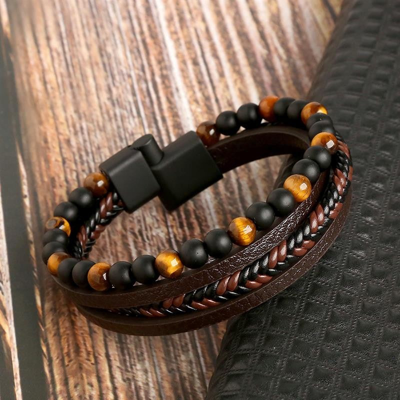 Pulseira de Couro Jiayiqi Masculina Punk Hip Hop Metal Charm Contas Olho de Tigre Pulseira Multicamadas para Homens Joia da Moda Presente