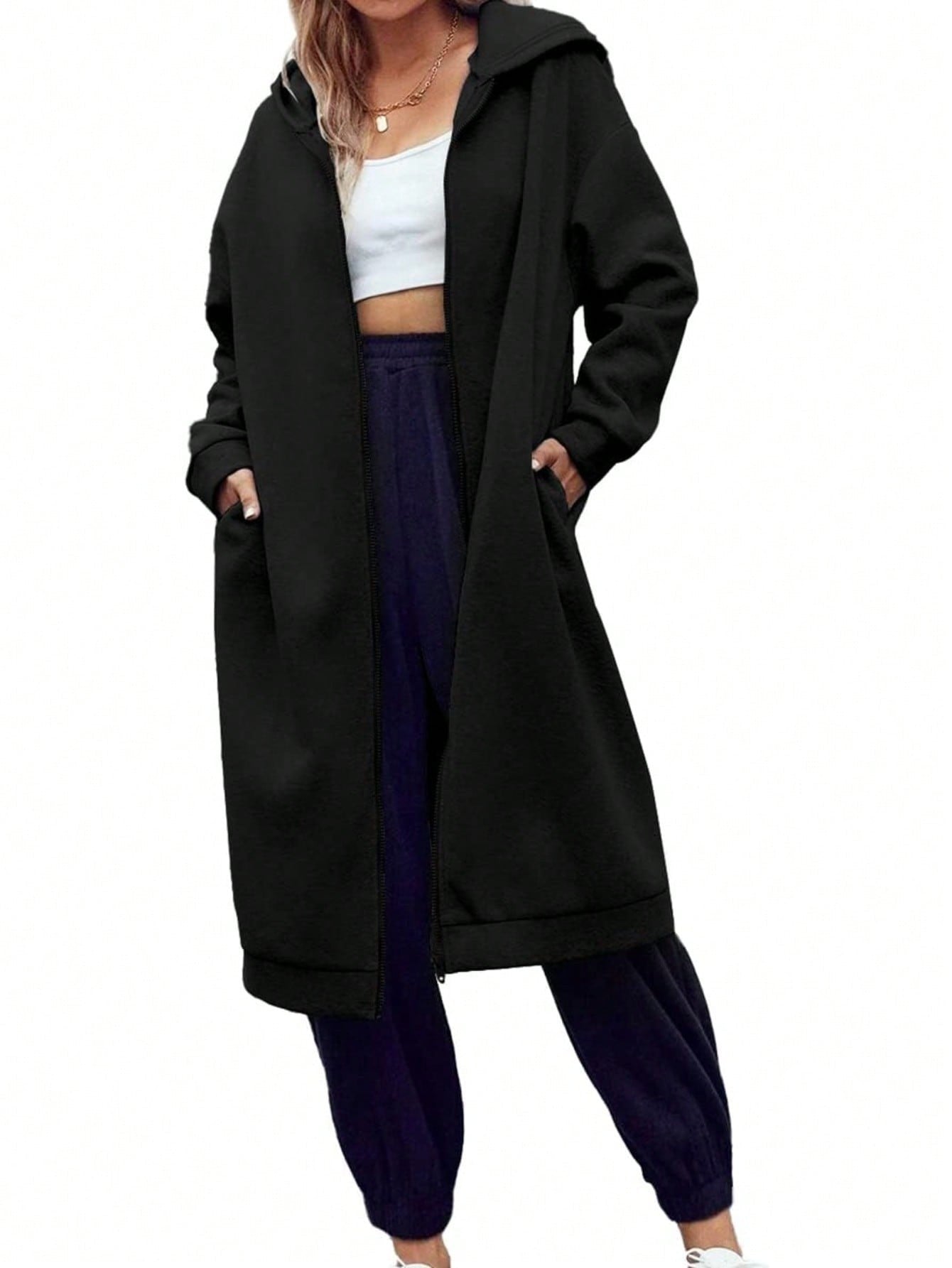 Fisoew lined Winter Coat Women Zip Up Hoodie Warm Long Tunic Sweatshirt With Pockets Outdoor Streetwear Jacket