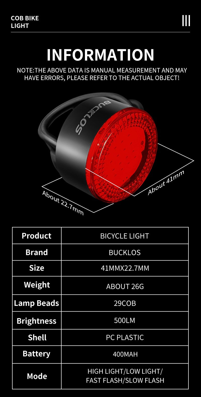 BUCKLOS COB Bike Taillights Headlight USB Rechargeable Bicycle Safety Warning Light MTB LED Front Rear Lantern Cycling Lamp Set