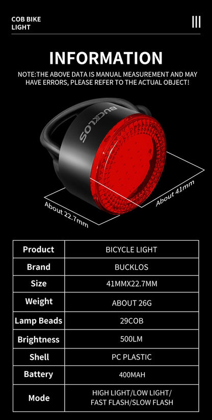 BUCKLOS COB Bike Taillights Headlight USB Rechargeable Bicycle Safety Warning Light MTB LED Front Rear Lantern Cycling Lamp Set