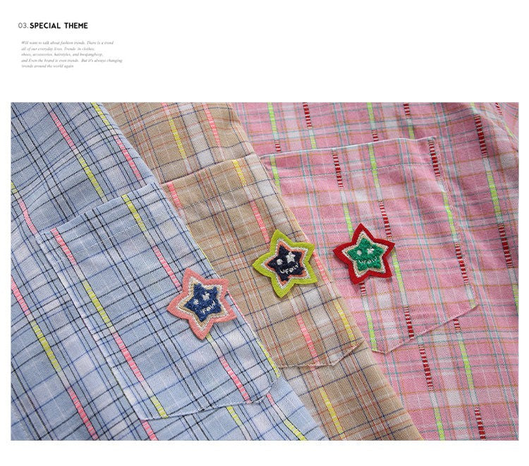 Ice Blue Plaid Long Sleeve Shirt Unisex Premium Cleanfit Denim Fabric V-neck Open Cardigan Style Holiday Vibes Short Length