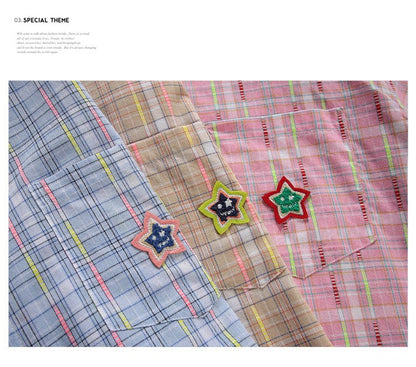 Ice Blue Plaid Long Sleeve Shirt Unisex Premium Cleanfit Denim Fabric V-neck Open Cardigan Style Holiday Vibes Short Length