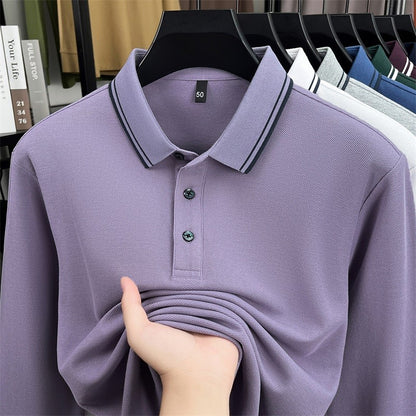 100% pure cotton high-quality long sleeve polo shirt men's autumn new style comfort casual luxury double striped lapel T-shirt