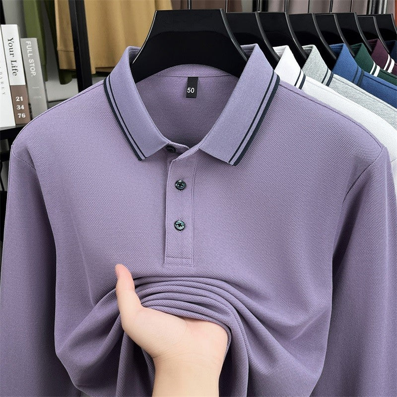 100% pure cotton high-quality long sleeve polo shirt men's autumn new style comfort casual luxury double striped lapel T-shirt