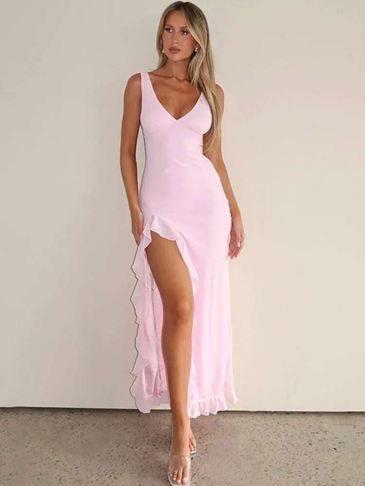 Avrilyaan Ruffle High Split Sexy Dress Women 2024 Robes Elegant Evening Summer D