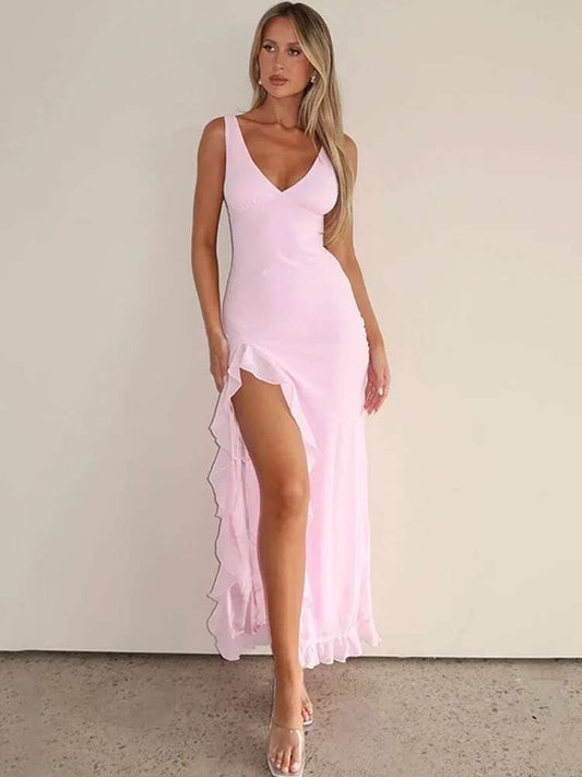 Avrilyaan Ruffle High Split Sexy Dress Women 2024 Robes Elegant Evening Summer D