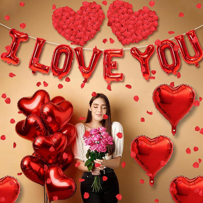 I Love You/Red Heart Love Foil Balloon 1000Pcs Rose Petals for Wedding Anniversary Valentine Day Romantic Special Night Party