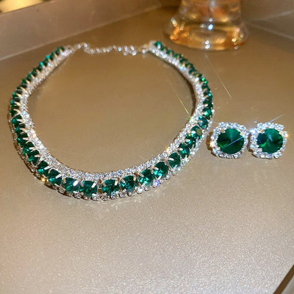 Conjunto de Joias Femininas com Colar de Luxo Verde Strass Brincos de Cristal Gargantilha Colares para Casamentos e Banquetes