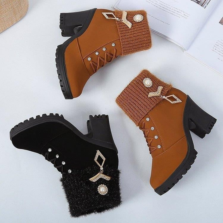 Women's Designer High Heels Shoes 2023 Winter New Warm Non-slip Block Cow Suede Warm Snow Boots Fashion Crystal Plush Goth Botas