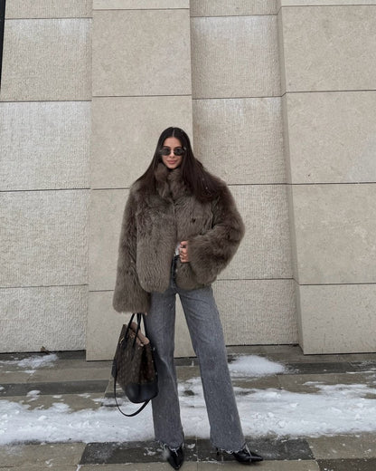 Winter Women Warm Faux Fur Coats Fashion Browns Long Sleeve Stand Collar Short Jackets 2025 Lady High Street Commute Outerwear