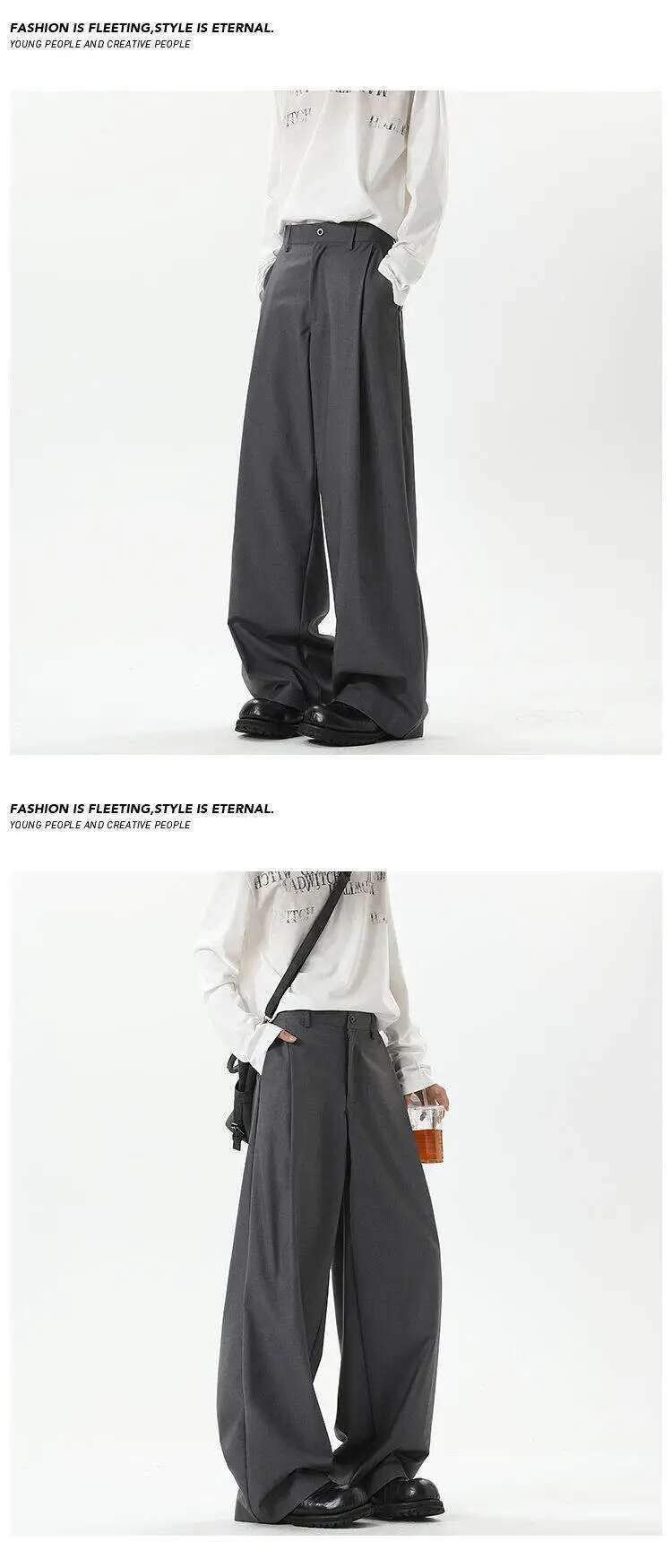 IEFB American Style Men's Suit Trousers Pleated Design Wide Leg Solid Color Button Casual Bottom Straight New Male Pants 9W766