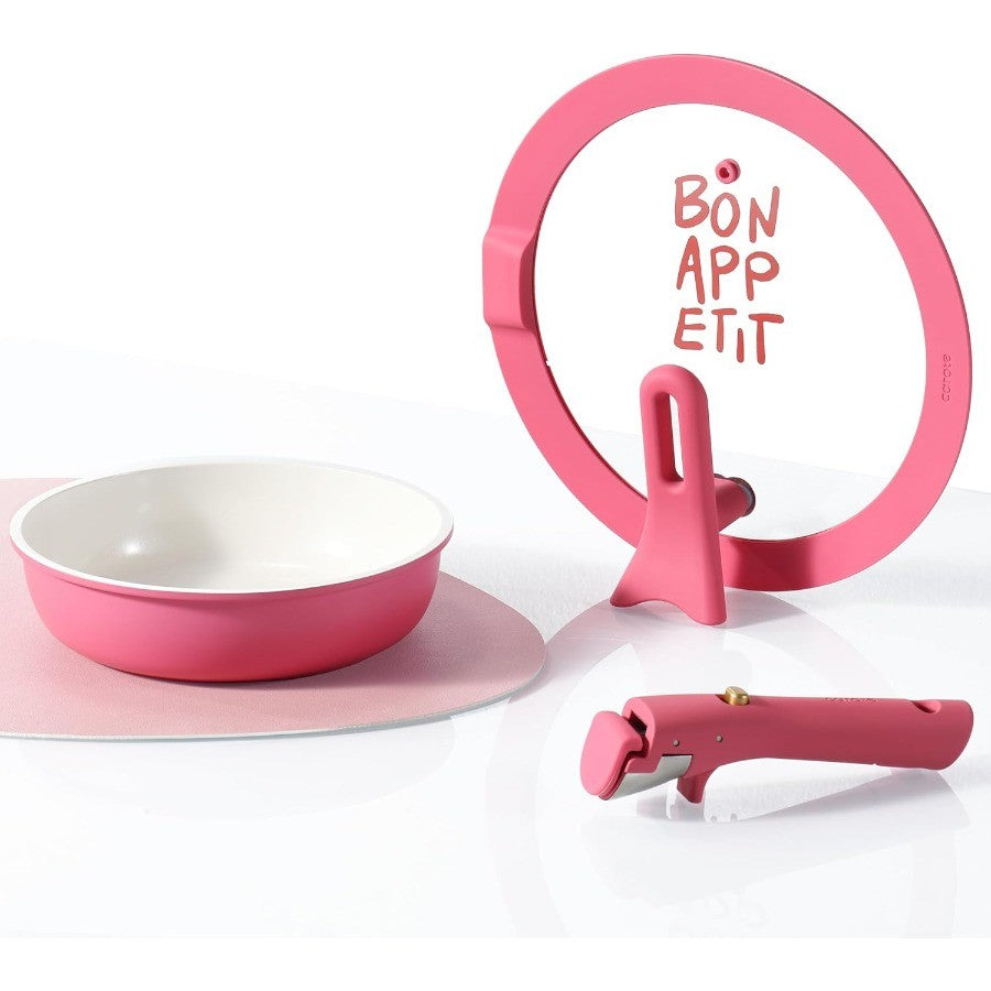 Pink Ceramic Pots and Pans Set with Lid Detachable Handle Saute Pan Set Non Stick Non Toxic Frying Pan Oven Safe and Induction