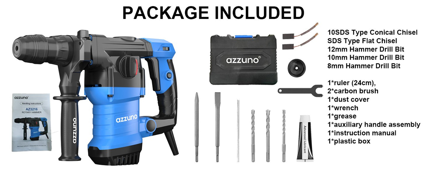 Furadeira de Impacto AZZUNO 1500W Martelete Perfurador Profissional Potente Furadeira Elétrica com Martelo Modos de Ajuste Multifuncionais