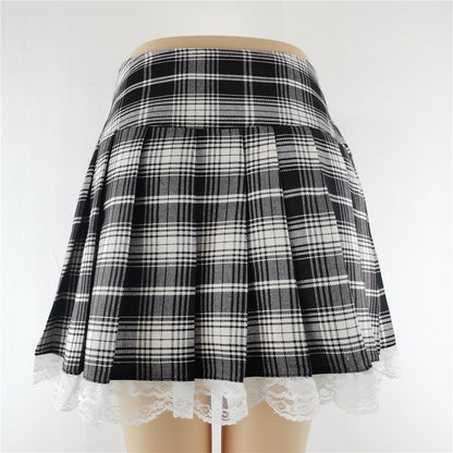 New Contrast Lace Plaid Pleated Skirt Vintage Sexy Skater Clothes Harajuku Gothic Punk England Style Y2k Skirt