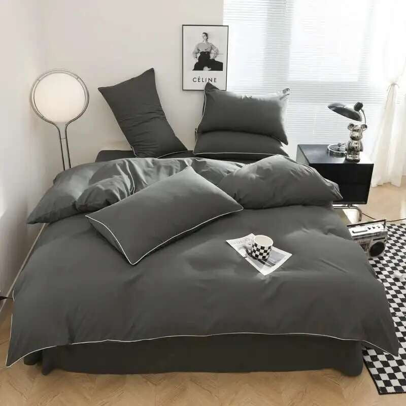 Black Bedding Set - Minimalist Queen/King Size Quilt Set 100% Cotton Plain Bed Cover Full Set (Includes Pillowcases)?