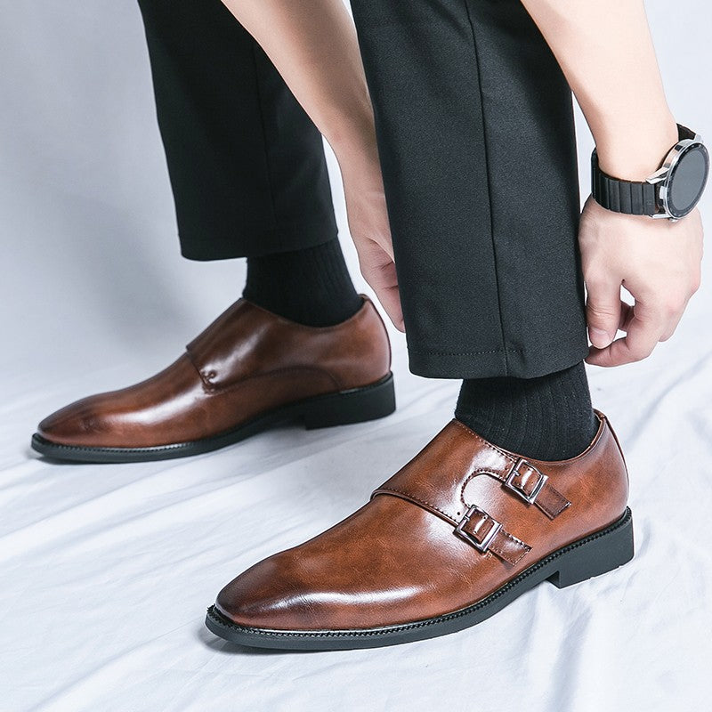 Classic Retro Dress Men's Monk Leather Shoes With Pointed Toe Buckle Business Office Wedding Soft Comfortable Men's Shoes