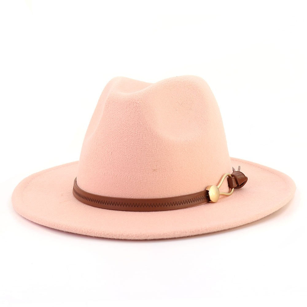 New Brown Belt Buckle Jazz Fedora Hat Autumn Winter Women Men Party Church Top Hat Wide Brim Sun Hat Felt Panama Cap