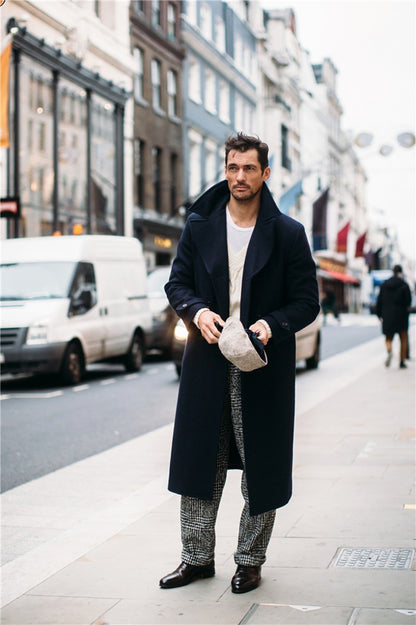 Men's Woolen Good Quality Coat Navy Blue Winter Warm Solid Double-Breasted Thick Plus V-Neck Overcoat Casual Male Overcoat