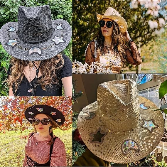 Chapéus de Sol Femininos de Praia de Verão com Lantejoulas de Estrela da Lua, Estilo INS, Chapéu de Sol de Palha Vazado Boêmio Ocidental Estilo Cowgirl