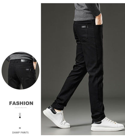 Men's autumn and winter hot jeans elastic small straight leg pants black gray micro elastic zipper fashionable versatile jeans