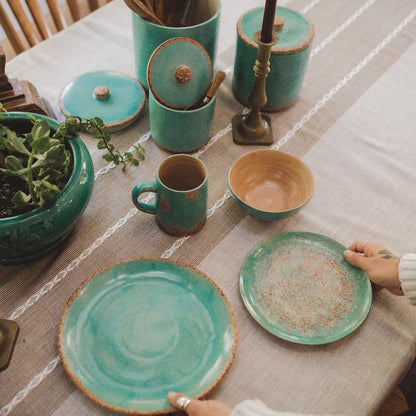 Patina Turquoise 16 Piece Ceramic Southwestern Rustic Cabin Dinnerware Set with Plates, Bowls and Mugs
