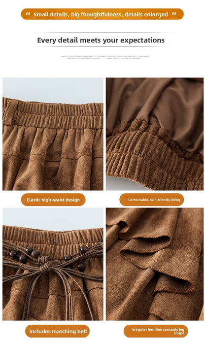 Caramel Suede Half-length Skirt Women's Autumn Winter New Irregular Belt Slim A- Line Midi Umbrella Skirt Comfortable Casual S .