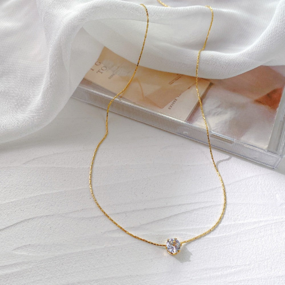 Colar Feminino Dourado Banhado a Ouro Aço Inoxidável Charm de Zircônia Delicado Minimalista Corrente Redonda de Zircônia Transparente Antiferrugem Joia