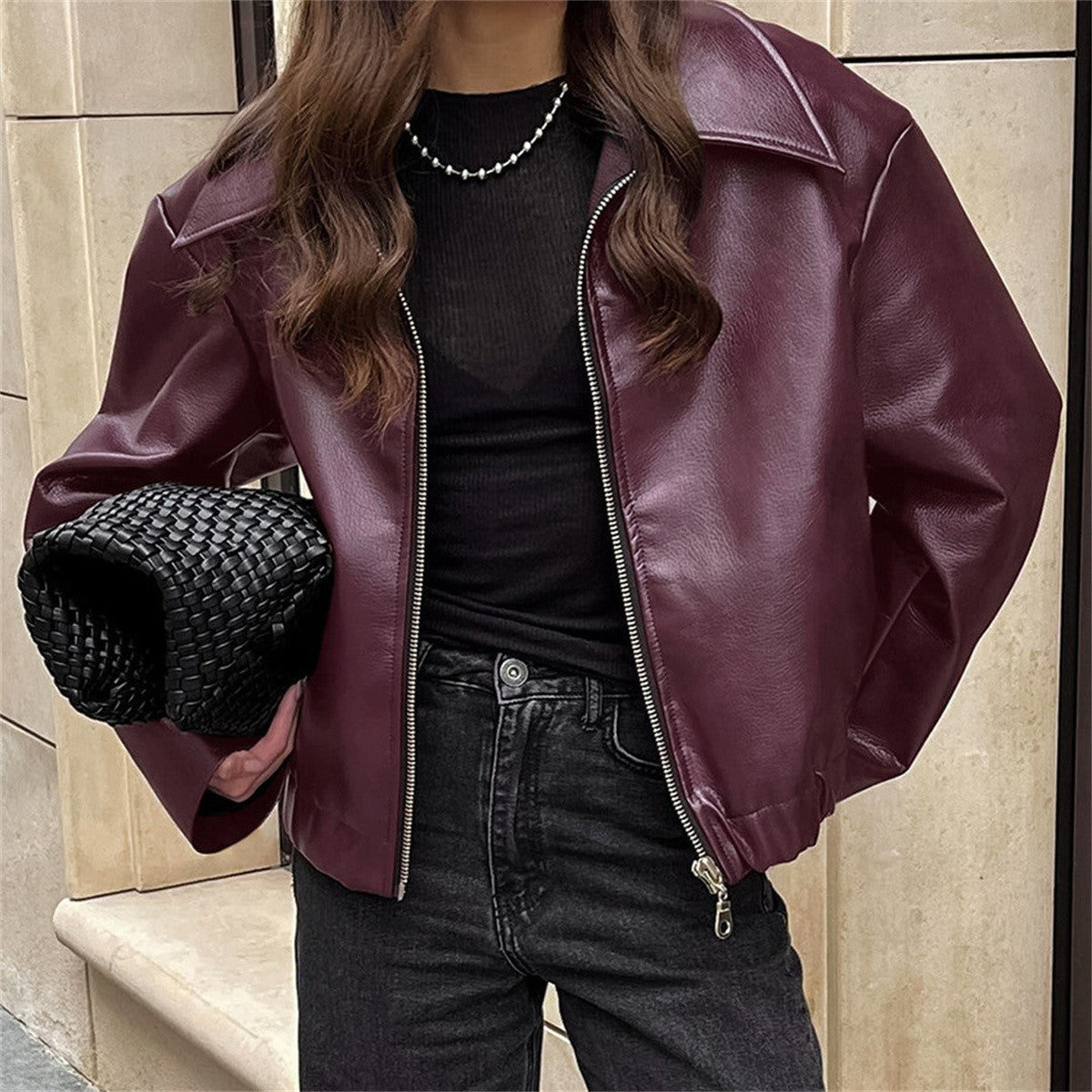 Jaqueta Feminina de Couro Sintético Vermelho Vinho Vintage, Casaco Moderno com Zíper e Lapela, Casacos de Outono Inverno, Blusas Curtas Femininas Estilo Streetwear
