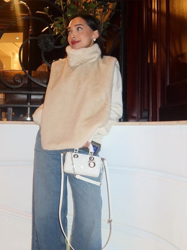 Women Solid Faux Fur Vest Crop Top Fashion Turtleneck Fluffy Short Tank Tops 2025 Winter Lady Elegant Sleeveless Jacket Coat