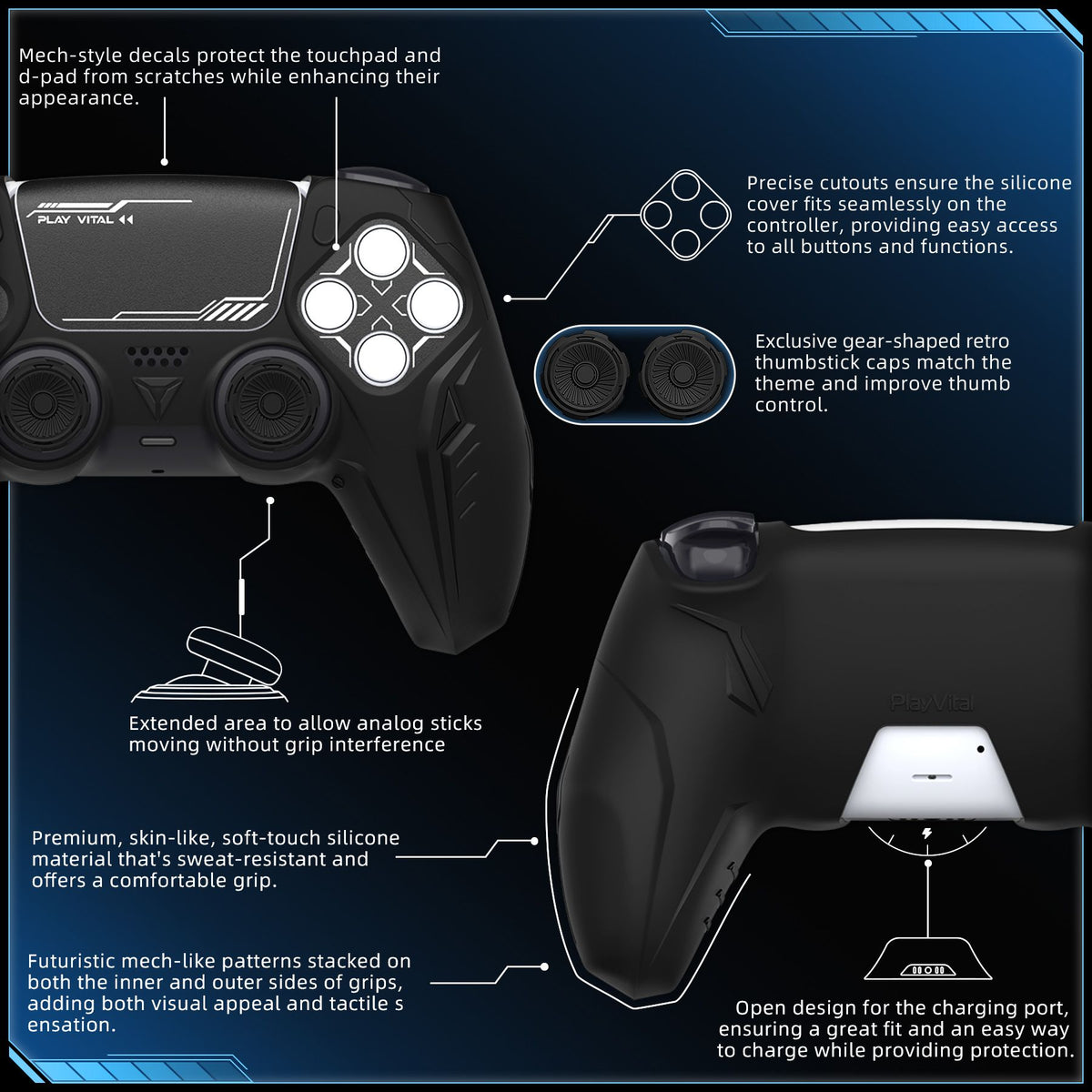 PlayVital Silicone Grip Case for PS5 Controller - Futuristic CyberMech Design Cover Compatible with PS5 Official Charging Dock