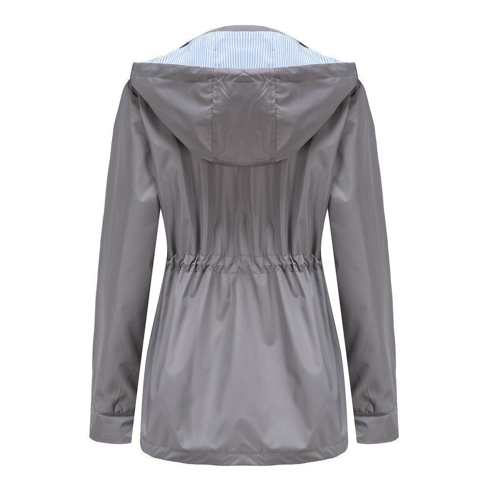 Purple Hooded Jacket for Spring 2025 Women's Office Fashion Women Outerwear Hat with Removable Waist Drawstring Water Proof