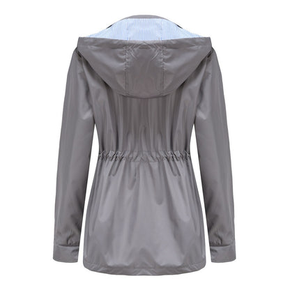 Purple Hooded Jacket for Spring 2025 Women's Office Fashion Women Outerwear Hat with Removable Waist Drawstring Water Proof