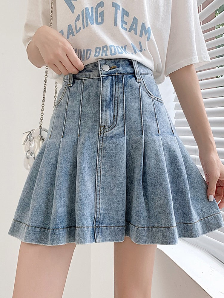 New Summer 2024 Plus Size Denim Skirt Women High Waist Pleated Large Size A Line Mini Jean Skirt Women Streetwear Saia Hot Sale