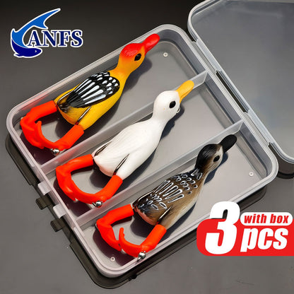 ANFS 3 iscas de pesca premium em formato de sapo-pato com caixa de armazenamento - Isca macia para pesca em água doce na superfície