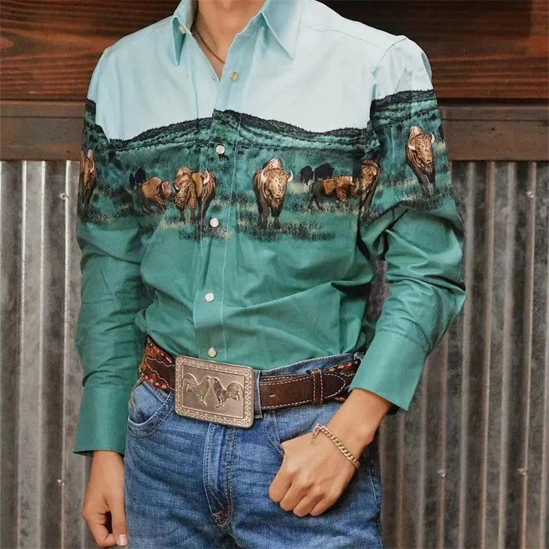 Men's Buttoned Shirt Spring Summer Long Sleeve Mexican Western Denim Comfortable Outdoor Farm Work Fit Easy Clean Large Size 6XL