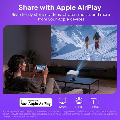 Projetor Smart Roku TV com Wi-Fi e Bluetooth, experiência de streaming Roku integrada, Full HD 1080P, áudio Dolby, foco automático e correcção keystone.
