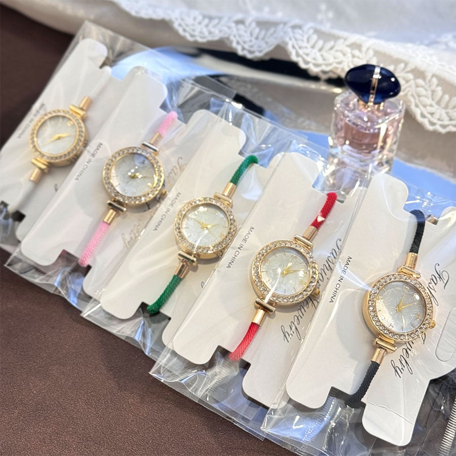 Ladies Colorful Nylon Pull-Style Bracelet Alloy Case Arabic Scale Printed Dial Christmas Quartz Watch Suitable for Holiday Gift