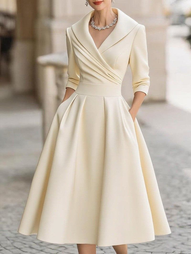 Elegant Wedding Guest Dress Women Turndown Collar Mid-Length Waisted A-Line Satin Evening Dress Cocktail Party Midi Dresses