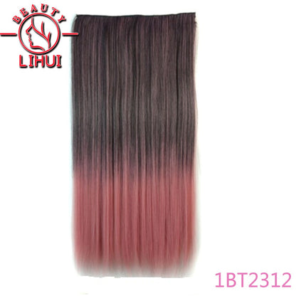 Extensões de cabelo sintéticas com clipe, longas e lisas, com 5 clipes em uma única peça, extensões de cabelo multicoloridas LIHUI
