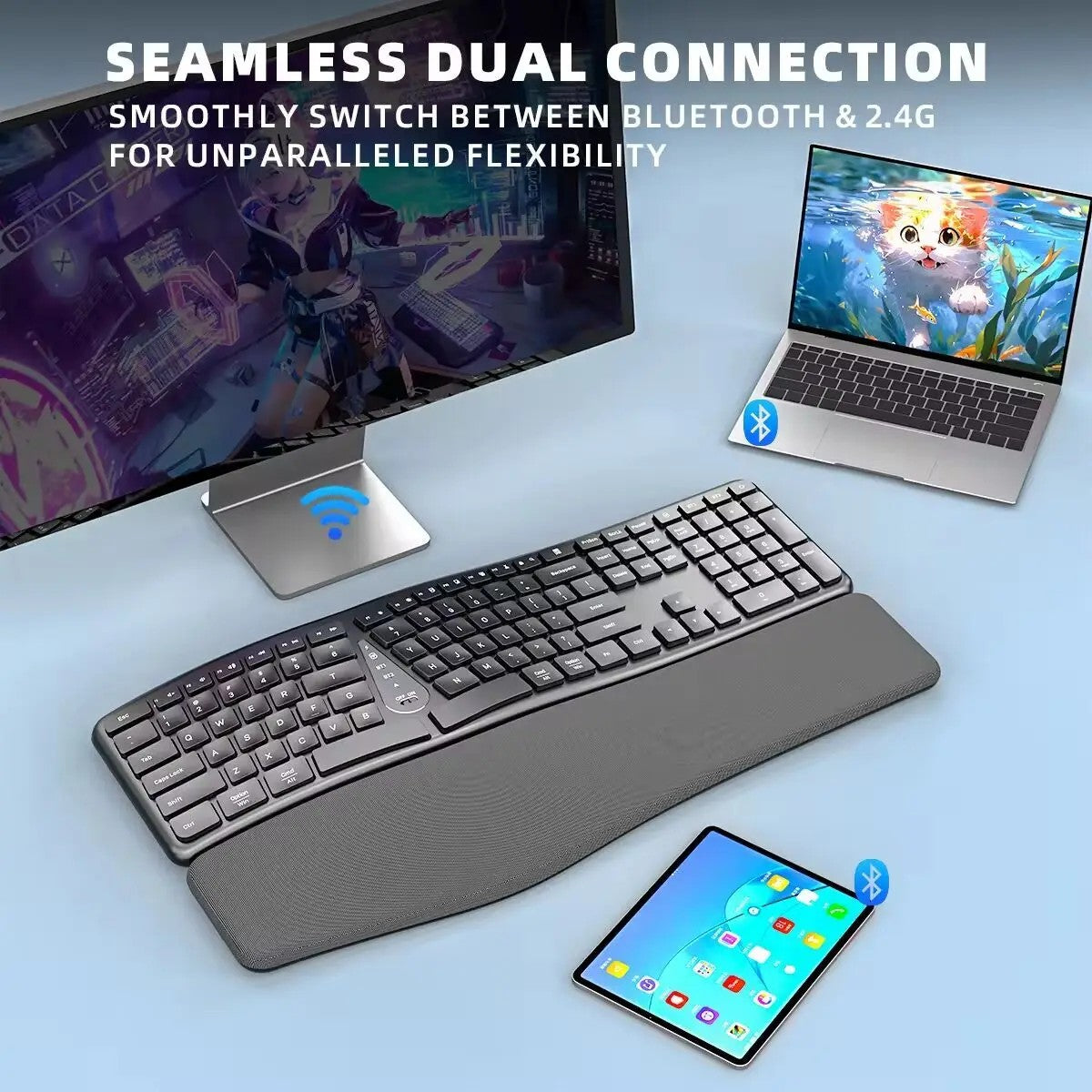 Teclado Sem Fio Ergonômico 2.4G, Digitação Natural Confortável, Apoio para as Mãos, Teclado Bluetooth Recarregável Multidispositivo para Laptop