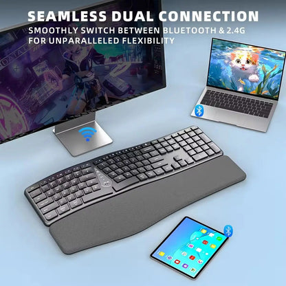 Teclado Sem Fio Ergonômico 2.4G, Digitação Natural Confortável, Apoio para as Mãos, Teclado Bluetooth Recarregável Multidispositivo para Laptop