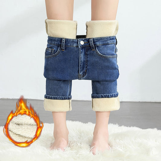Women's Winter Fleece Warm Jeans Retro Elastic Thickened Comfortable Straight Fashion Korean Casual Female Velvet Denim Pants