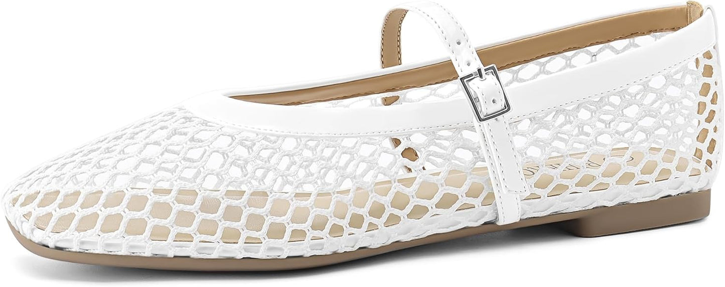 Women‘s Mesh Ballet Flats Comfortable Square Toe Ballerina Flats Buckle Strap Casual Fishnet Flat Shoes